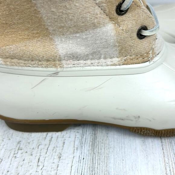 Sperry Women’s 7.5 Saltwater Cream Tan Buffalo Check Wool Ivory Duck Boots NEW - Picture 6 of 11